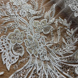 1 Yard Elegant Beaded and Sequined Lace Fabric Embroidered on Polyester Net Mesh