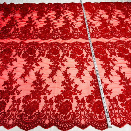 1 Yard Silver Corded Bridal Lace Fabric Embroidered on Polyester Net Mesh Elegant Floral 50 Inch Width