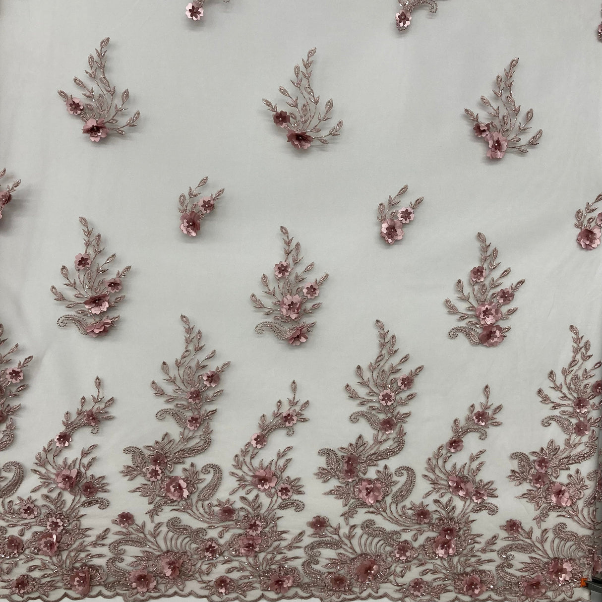 Beaded 3D Floral Lace Polyester Fabric - Black, Dusty Rose, Vanilla, 51" Width (1 Yard)