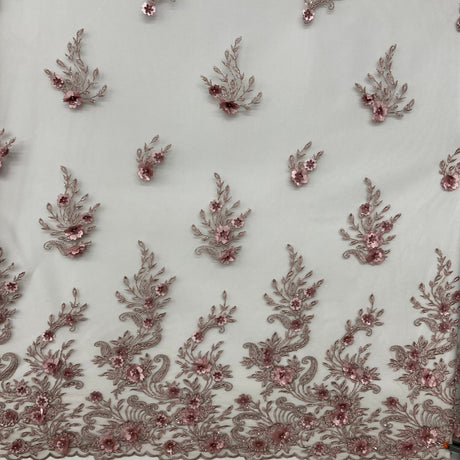Beaded 3D Floral Lace Polyester Fabric - Black, Dusty Rose, Vanilla, 51" Width (1 Yard)