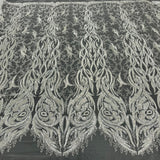 Beaded & Corded Bridal Lace Fabric - Embroidered 100 Percent Polyester Net Mesh, Ivory, Antique Silver, Gold, Silver, White, 58" Width (1 Yard)