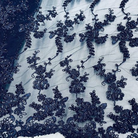 Beaded Corded Lace Fabric - Embroidered Polyester Net Mesh, 54" Wide, Navy, Black, Red (1 Yard)
