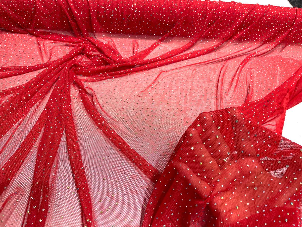 Sheer All Over AB Rhinestones Stretch Power Mesh Fabric - Colorful Rhinestone Embellishment, 58IN WIDTH (1 Yard)