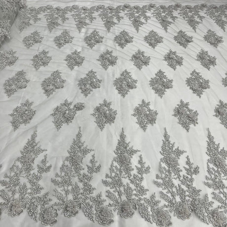Beaded 3D Floral Lace Polyester Fabric - Black, Skin, Silver, 52" Width (1 Yard)