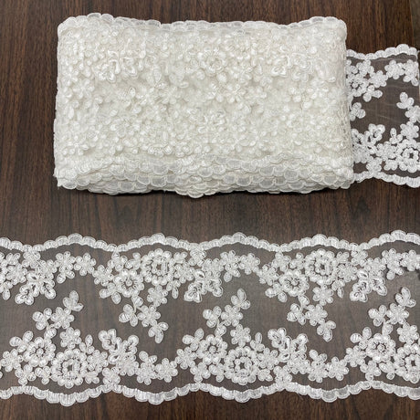 Corded Double Sided Lace Trimming Polyester Fabric - Gold Metallic, Ivory With Silver Cording, Ivory, White With Silver Cording, White, Silver Metallic, 6" Width (1 Yard)