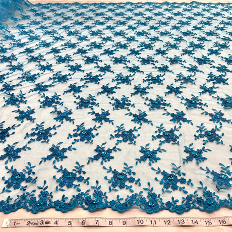 Beaded Corded Bridal Lace Fabric - Embroidered On 100 Percent Polyester Net Mesh, 52" Width (1 Yard)