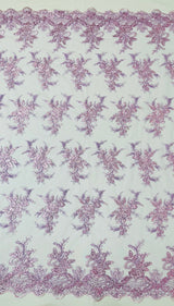 Valentina Embroider Floral Lace Polyester Fabric - Corded Floral Embroidery With Sequins, Mesh Lace, Double Scallop Edge, 50-54" Width (1 Yard)