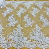1 Yard Elegant Beaded and Corded Bridal Lace Fabric Embroidered on Polyester Net Mesh