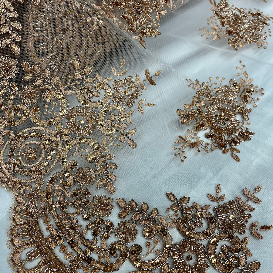 1 Yard Beaded and Corded Lace Fabric Embroidered on Polyester Net Mesh