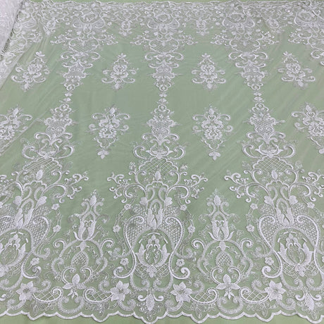 Beaded Sequined Lace Fabric Ivory White