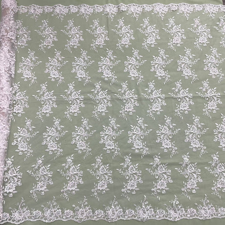 1 Yard - Corded Bridal Lace Fabric Embroidered on 100% Polyester Net Mesh Ivory with Silver - 53"
