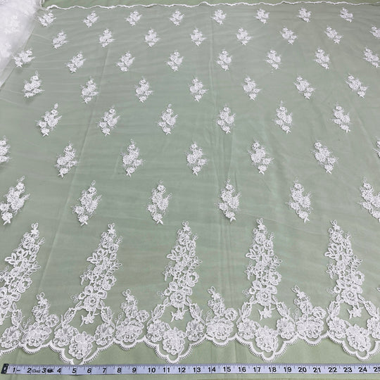 1 Yard Beaded Corded Bridal Lace Fabric Embroidered on Polyester Net Mesh 52 Inch Width