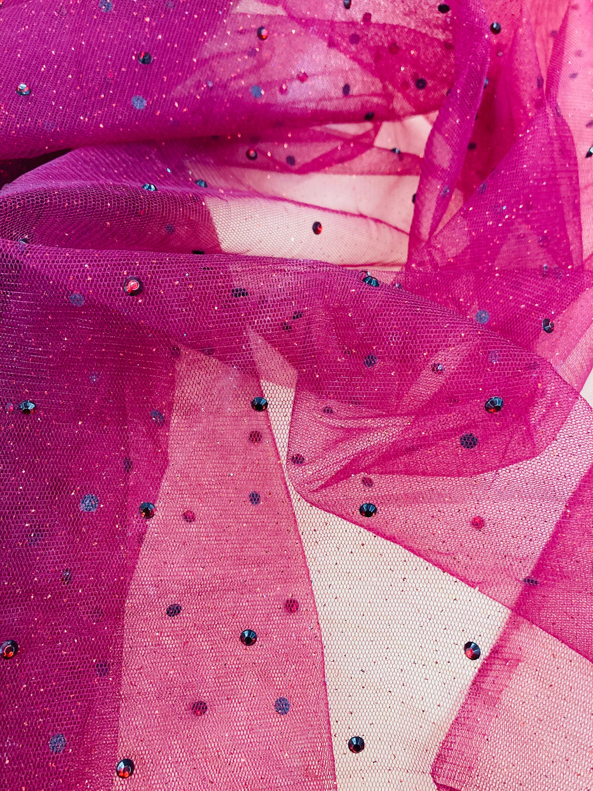 Glitter Mesh Fabric with Scattered Rhinestones