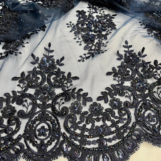 1 Yard Beaded Corded Lace Fabric Embroidered 100 Percent Polyester Net Mesh 56 inch Width