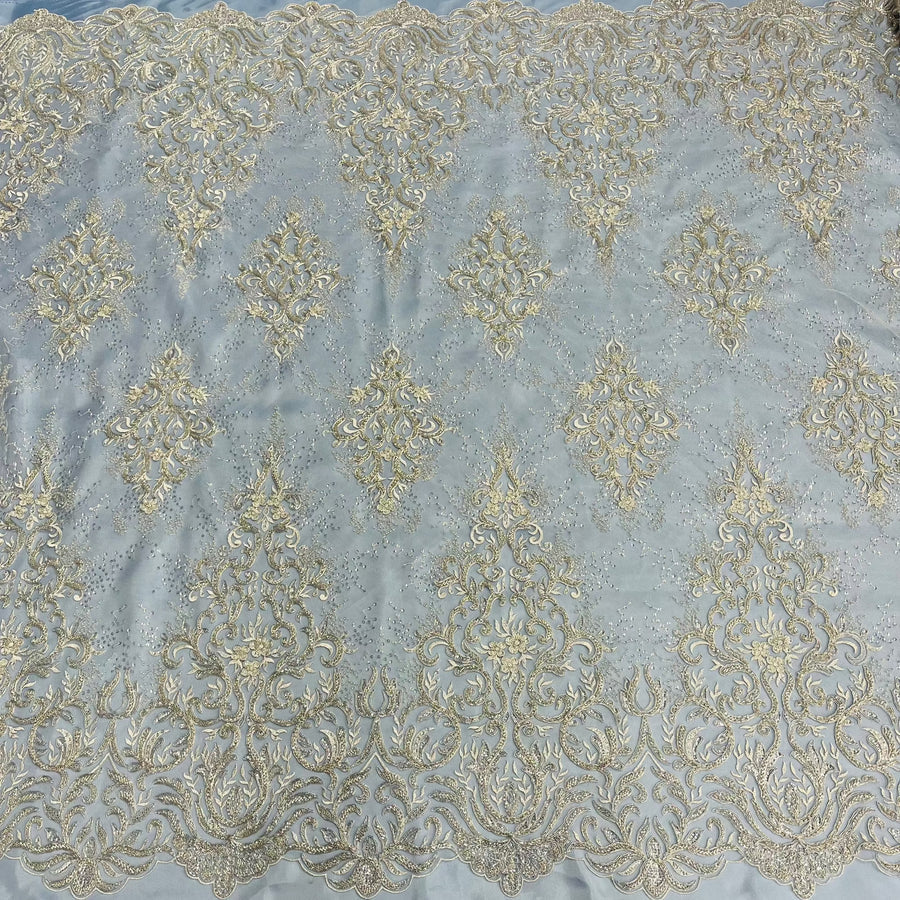 1 Yard Beaded & Corded Bridal Lace Fabric Embroidered on 100% Polyester Net Mesh