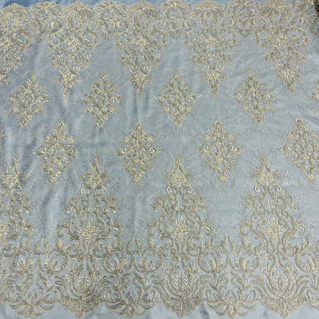 1 Yard Beaded & Corded Bridal Lace Fabric Embroidered on 100% Polyester Net Mesh