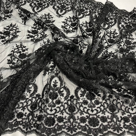 Beaded Corded Bridal Lace Polyester Fabric - Embroidered Net Mesh, Royal Blue, 53" Width (1 Yard)