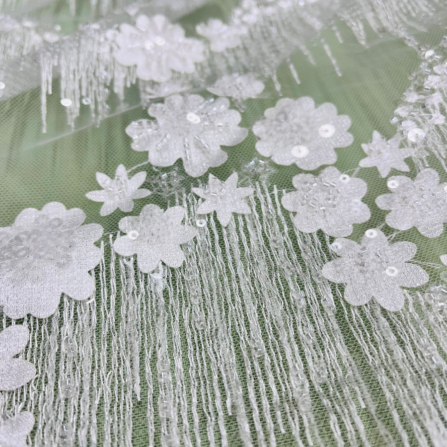 1 Yard Luxurious Beaded 3D Floral Lace Fabric Embroidered on 100% Polyester Net Mesh White