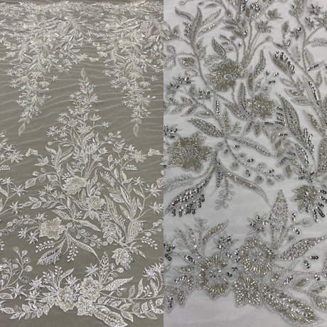 Beaded Lace Fabric Embroidered On 100 Percent Polyester Net Mesh - White, Ivory, Silver, Gold, Rose Gold, 52" Width (1 Yard)
