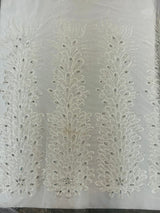 New Vegas Heavy Beaded Feather Design Embroidery Mesh Fabric - Beaded Feather Design, 11" Width, 50" Length (1 Panel)
