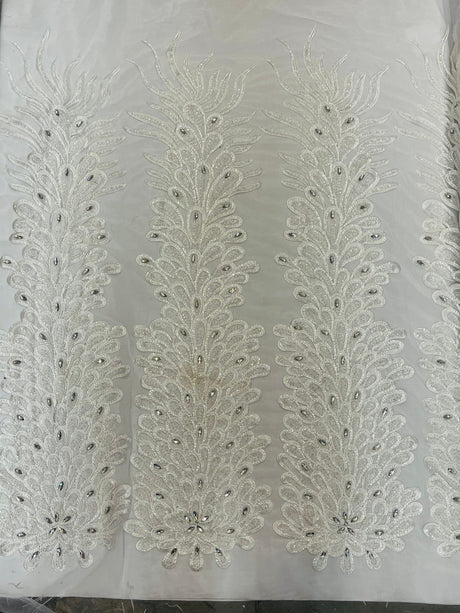 New Vegas Heavy Beaded Feather Design Embroidery Mesh Fabric - Beaded Feather Design, 11" Width, 50" Length (1 Panel)