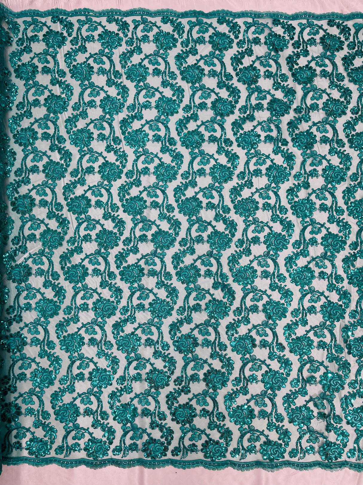 Pamela Floral Lace Polyester Fabric - Floral Corded Embroidered Sequin Lace, 50-54" Width (1 Yard)