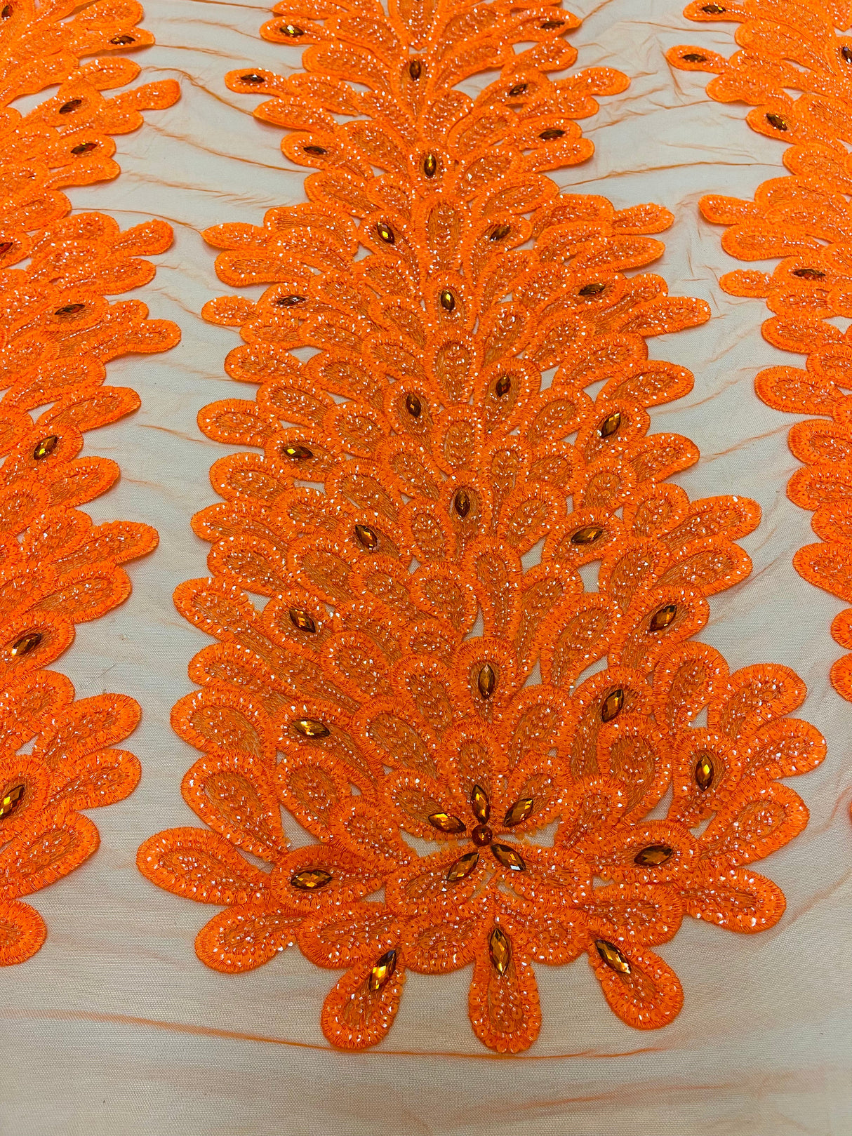 New Vegas Heavy Beaded Feather Design Embroidery Mesh Fabric - Beaded Feather Design, 11" Width, 50" Length (1 Panel)