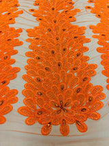 New Vegas Heavy Beaded Feather Design Embroidery Mesh Fabric - Beaded Feather Design, 11" Width, 50" Length (1 Panel)