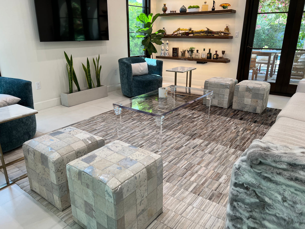 Fade Mocha White Patchwork Cowhide Fabric - Brown/White Faded, Area Rug, 5' X 7', 8' X 10', 9' X 12' (1 Unit)