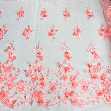 3D Floral Lace Fabric - Embroidered 100 Percent Polyester Tulle, 3D Satin Flowers And Leaves, 60" Width (1 Yard)