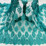 Beaded Corded Lace Fabric on Polyester Net Mesh
