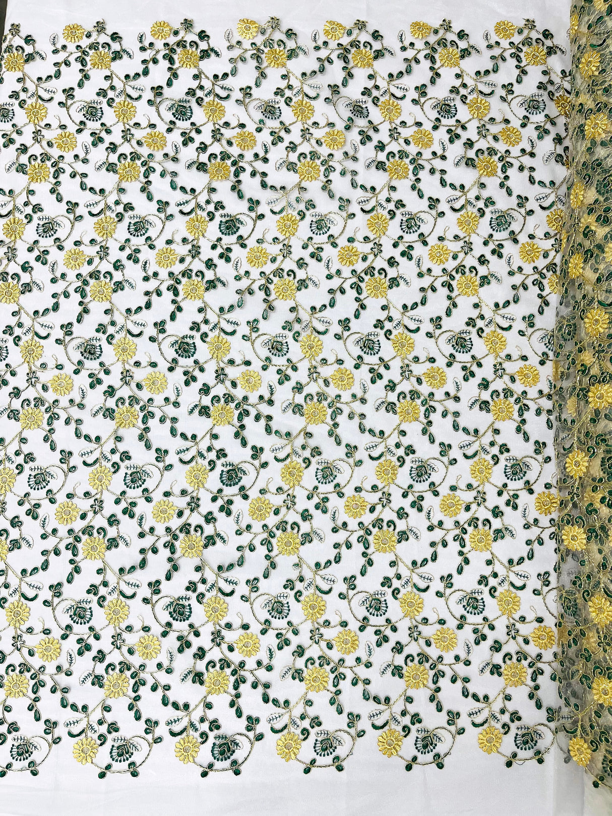 Daisy Multi Color Gold Metallic Floral Design Embroidered On A Red Mesh Lace Fabric - Red Mesh Lace, Gold Metallic Floral Design, 50" Width (1 Yard)