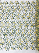 Daisy Multi Color Gold Metallic Floral Design Embroidered On A Red Mesh Lace Fabric - Red Mesh Lace, Gold Metallic Floral Design, 50" Width (1 Yard)