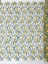Daisy Multi Color Gold Metallic Floral Design Embroidered On A Red Mesh Lace Fabric - Red Mesh Lace, Gold Metallic Floral Design, 50" Width (1 Yard)
