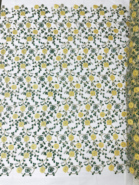 Daisy Multi Color Gold Metallic Floral Design Embroidered On A Red Mesh Lace Fabric - Red Mesh Lace, Gold Metallic Floral Design, 50" Width (1 Yard)