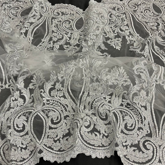 1 Yard Beaded Lace Fabric Embroidered on 100% Polyester Net Mesh – 50" Wide