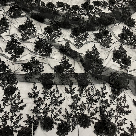 Beaded 3D Floral Lace Polyester Fabric - Black, Skin, Silver, 52" Width (1 Yard)
