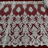 1 Yard Corded Bridal Lace Fabric Embroidered on Polyester Net Mesh