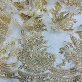 1 Yard Beaded and Corded Bridal Lace Fabric Embroidered on Polyester Net Mesh
