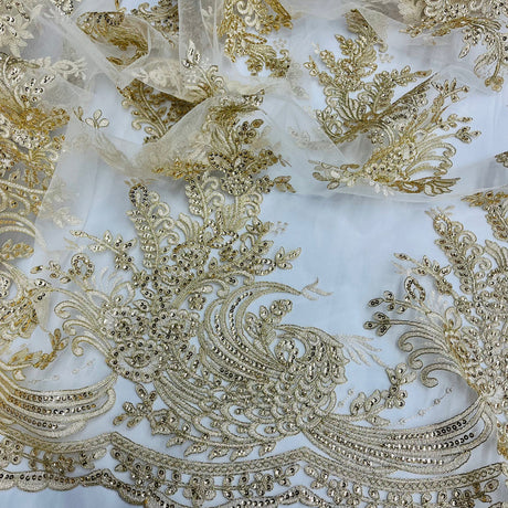 1 Yard Beaded and Corded Bridal Lace Fabric Embroidered on Polyester Net Mesh