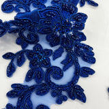 Beaded Corded Floral Lace Applique on Polyester Net Mesh