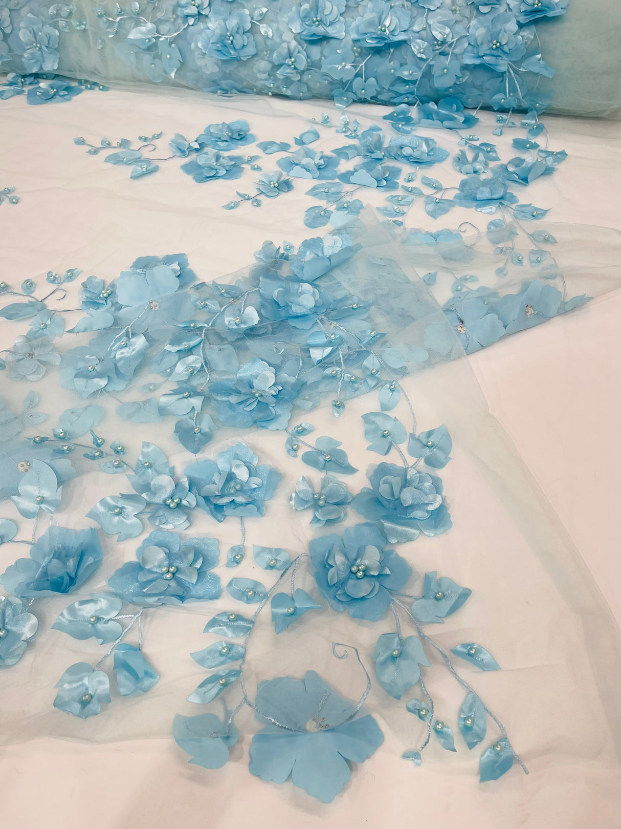Orquidia 3D Floral Design Embroidered With Pearls Lace Fabric - 3D Floral Mesh Lace, 54" Width (1 Yard)