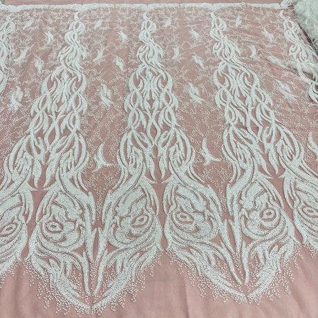 1 Yard Beaded & Corded Bridal Lace Fabric Embroidered on 100% Polyester Net Mesh