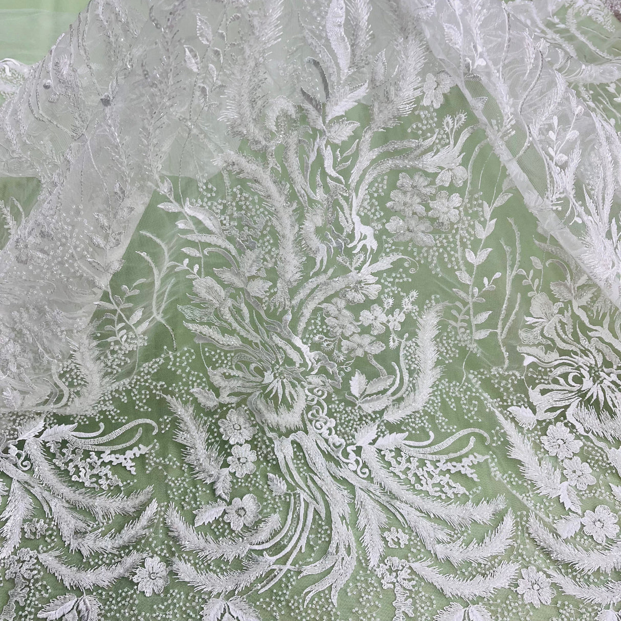 Beaded Lace Fabric - Embroidered 100 Percent Polyester Net Mesh, White, Ivory, Antique Silver, 56" Width (1 Yard)