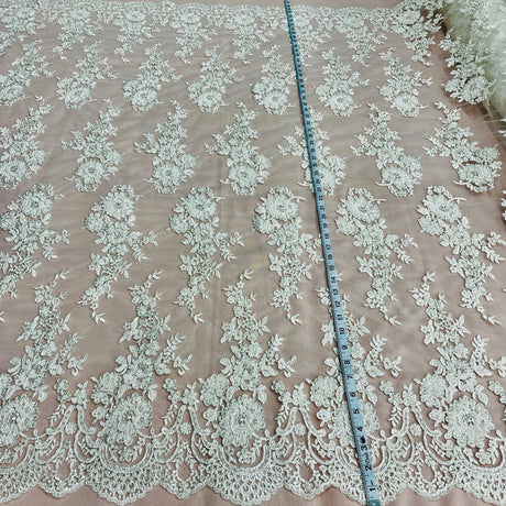Beaded & Corded Bridal Lace Fabric - Embroidered, 100% Polyester Net Mesh, 53" Width (1 Yard)