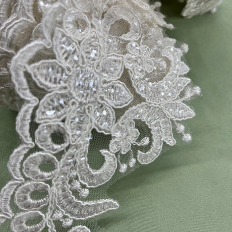 Beaded Corded Floral Lace Trimming Polyester Fabric - Embroidered Net Mesh, 3.5" Width (1 Yard)