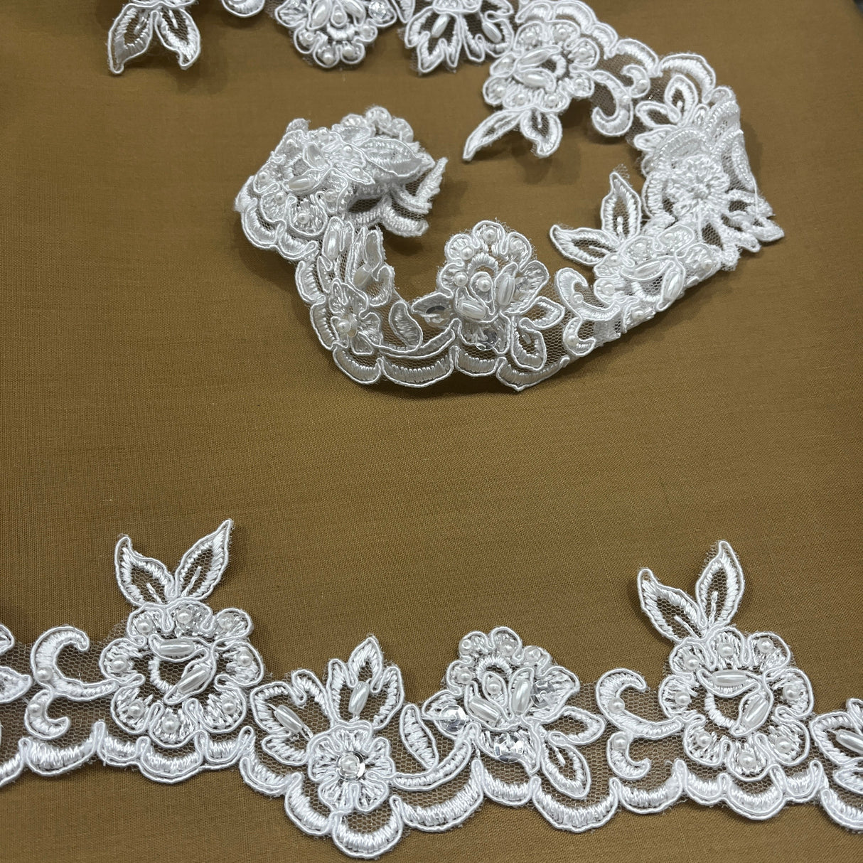 Beaded Corded Lace Trim on Polyester Net Mesh