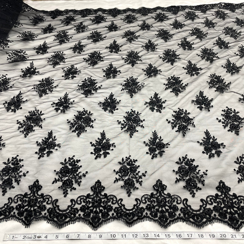 Beaded Embroidered Lace Black Mesh