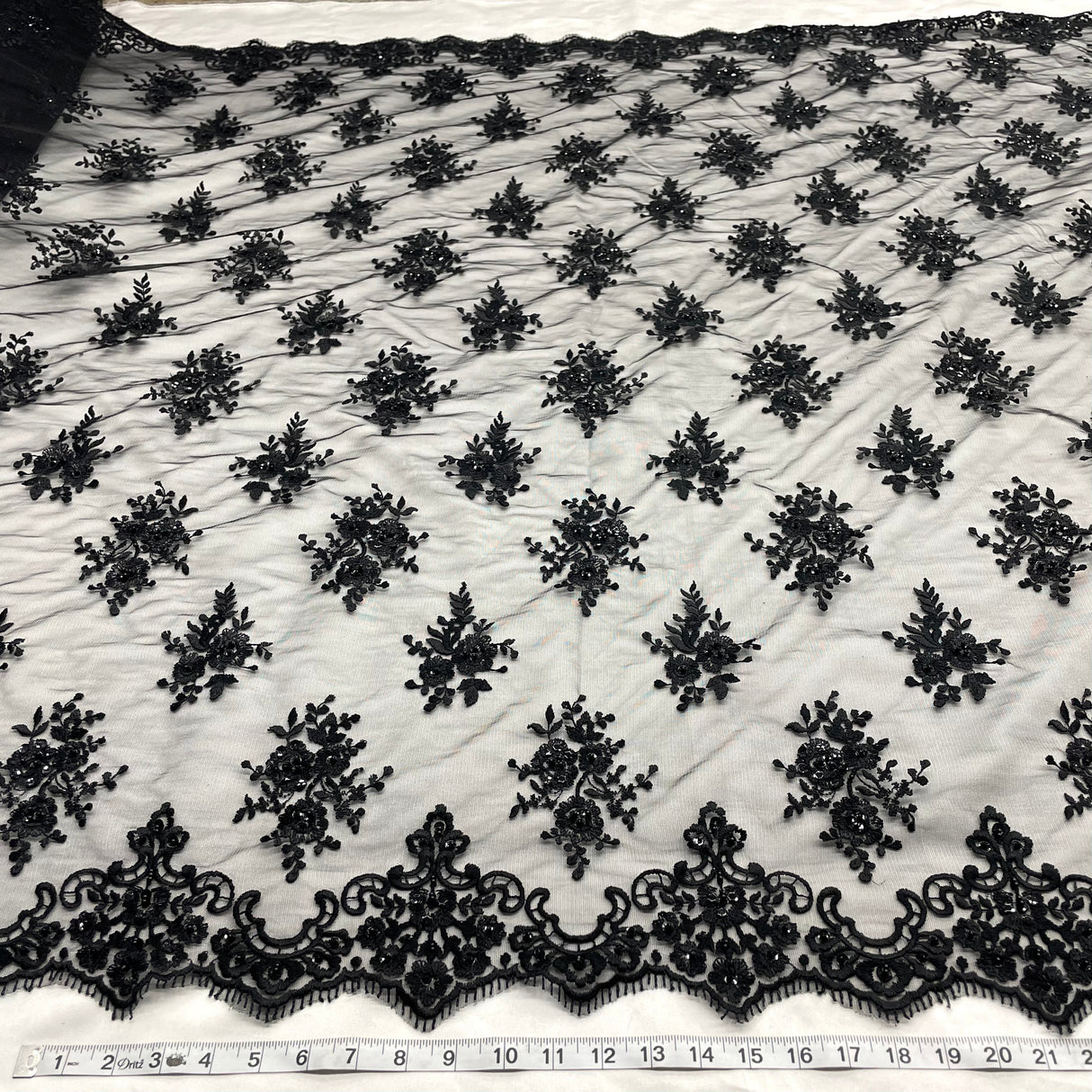 Beaded Embroidered Lace Black Mesh
