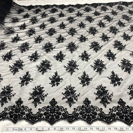 Beaded Embroidered Lace Black Mesh